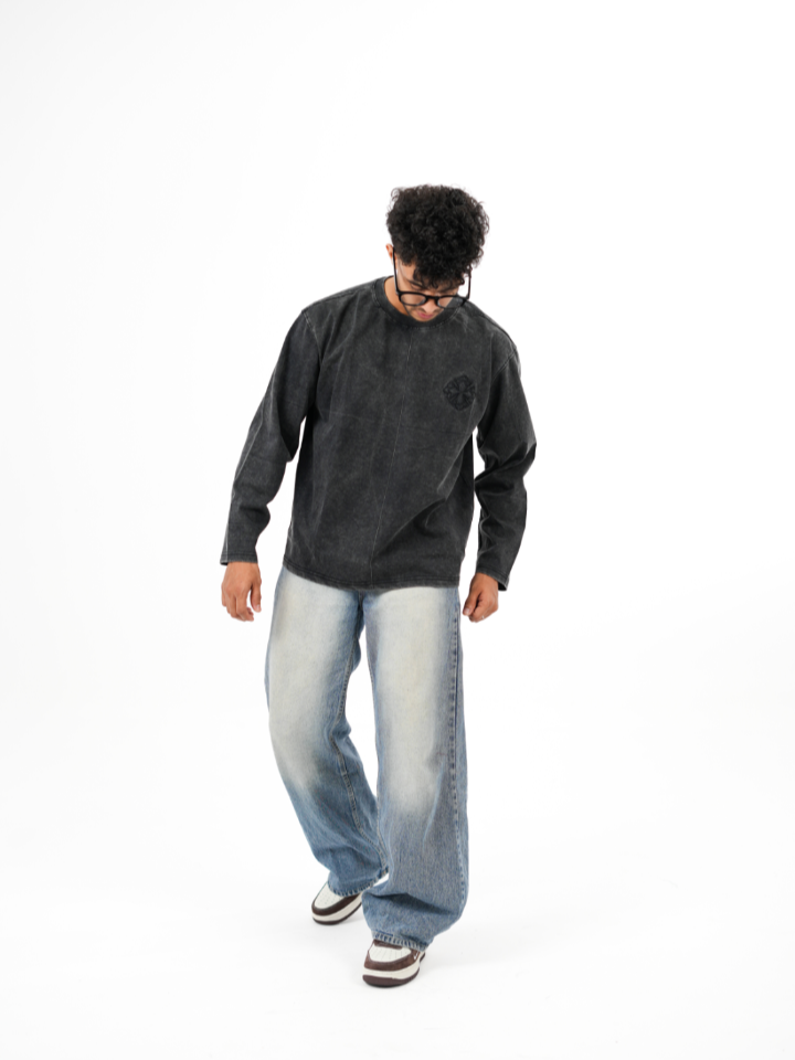 dapperdame™ Washed Black Textured Long Sleeve Tee
