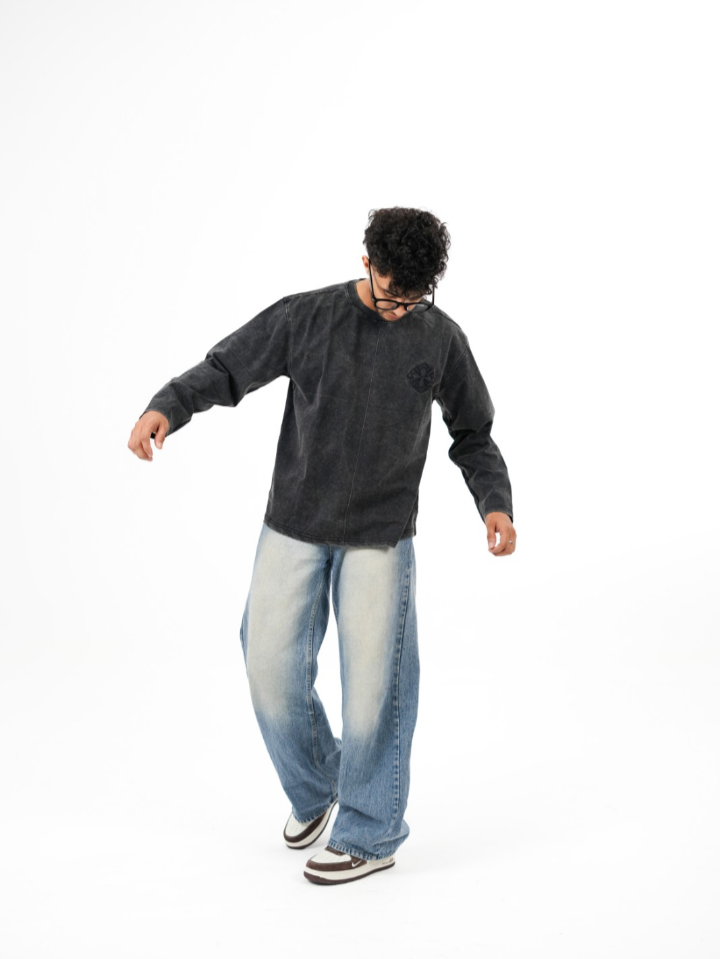 dapperdame™ Washed Black Textured Long Sleeve Tee
